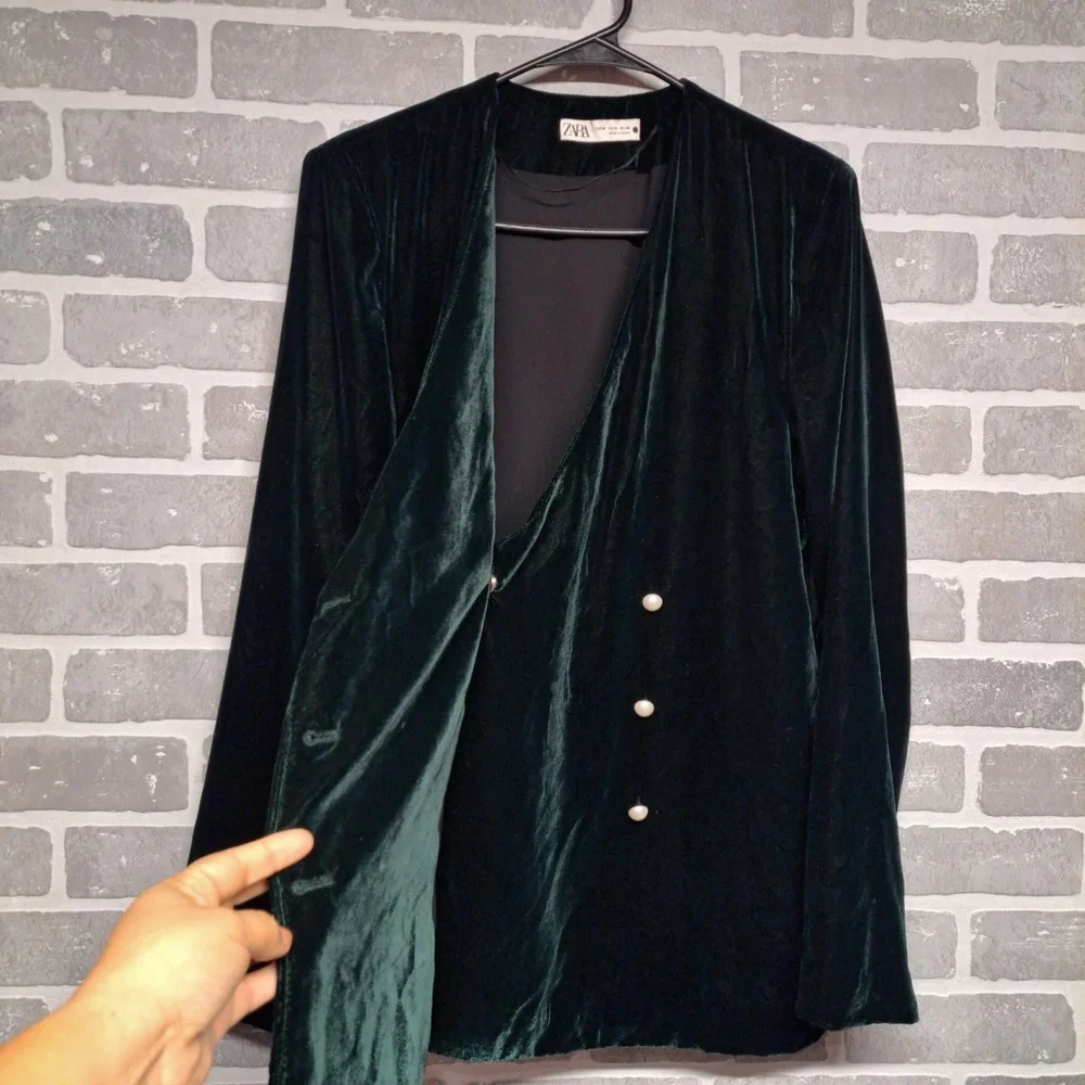 ZARA Blazer Jacket Women Medium Deep Green Velvet Double Breasted Pearl‎ Buttons